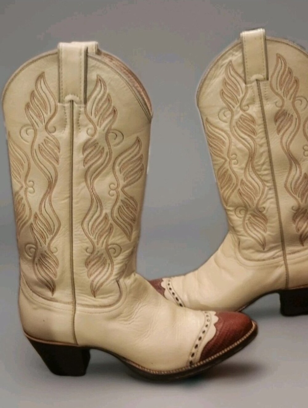 Justin Boots Cream Western Lace-Up Boots with Brown Toe